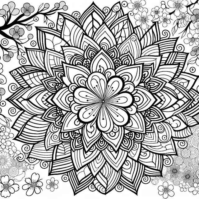 Mandala and Cherry Blossom Coloring Page