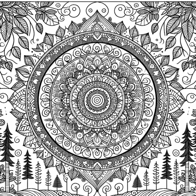 A coloring page of Mandala in the Enchanted Forest