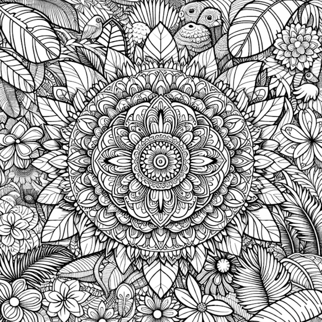 A coloring page of Mandala in the Jungle