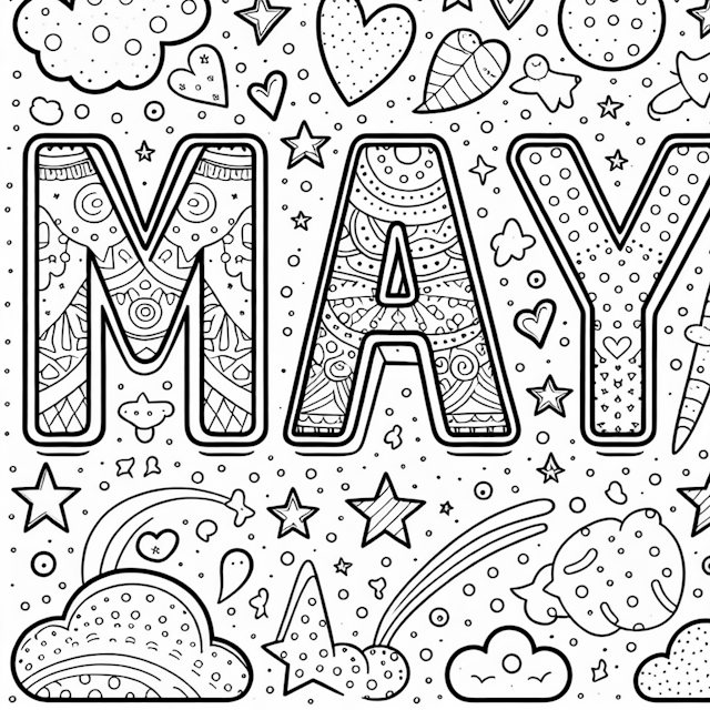 May Coloring Page with Stars and Clouds