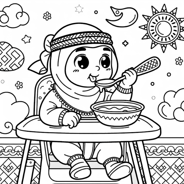 A coloring page of Mealtime Fun with Little Aisha