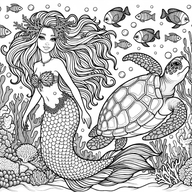 A coloring page of Mermaid and Sea Turtle Adventure
