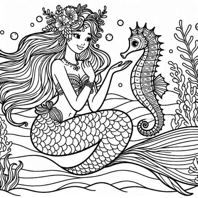 A coloring page of Mermaid Ariel’s Seahorse Friend Coloring Page