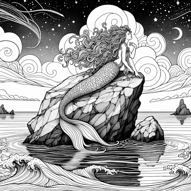 A coloring page of Mermaid Dreaming Under the Starry Sky