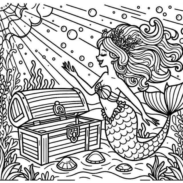 A coloring page of Mermaid’s Treasure Discovery