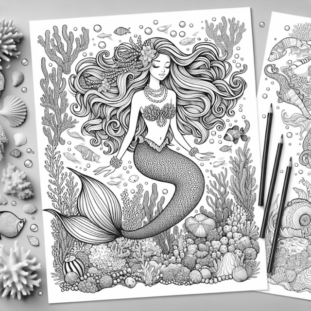 A coloring page of Mermaid’s Underwater Paradise