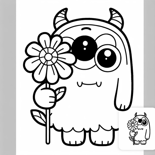 A coloring page of Monster Holding a Flower Coloring Page