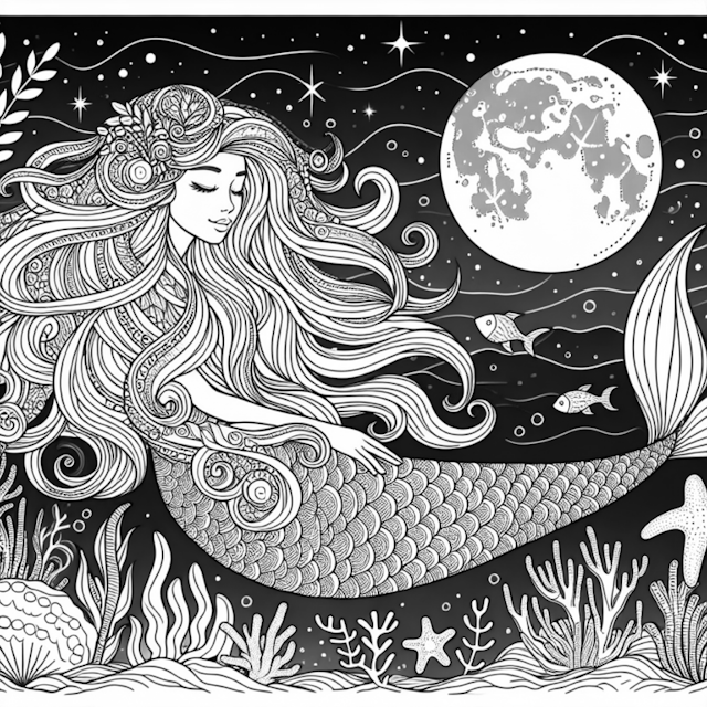 A coloring page of Moonlit Mermaid Serenity Coloring Page