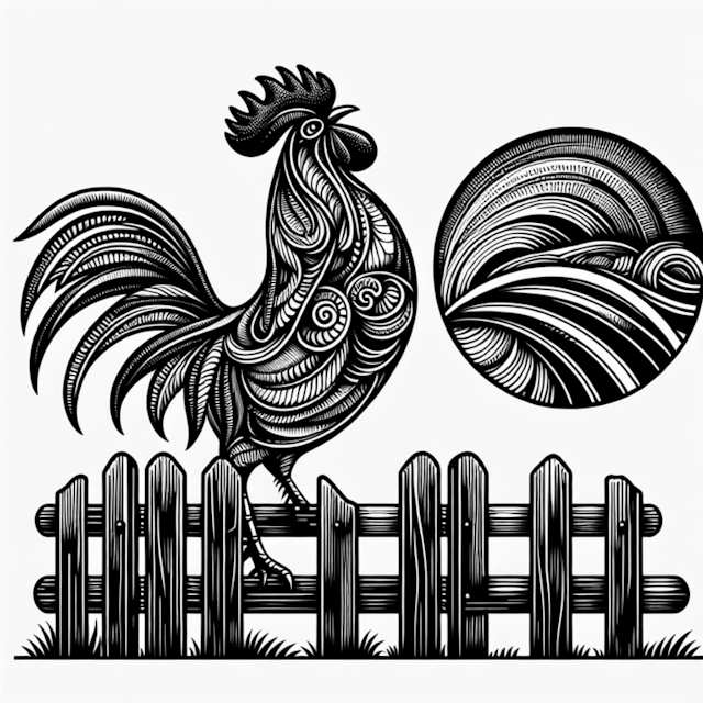 A coloring page of Morning Rooster on the Fence