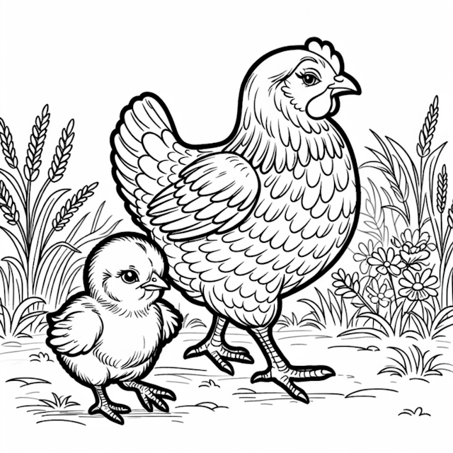A coloring page of Mother Hen and Chick’s Garden Stroll