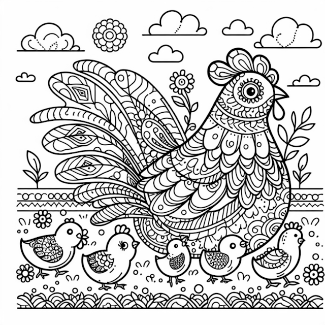 A coloring page of Mother Hen and Chicks in a Beautiful Garden