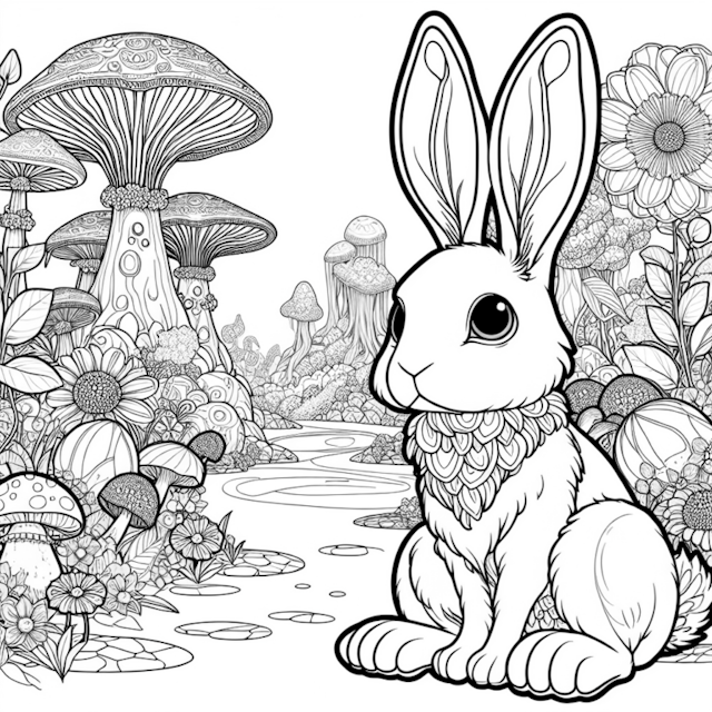A coloring page of Mushroom Wonderland with Whiskers the Rabbit