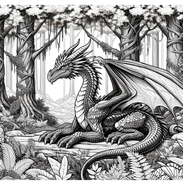 A coloring page of Mystical Dragon in Enchanted Forest