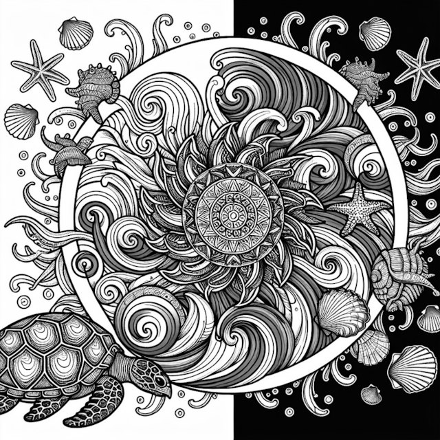 A coloring page of Ocean Mandala with Turtle and Seashells