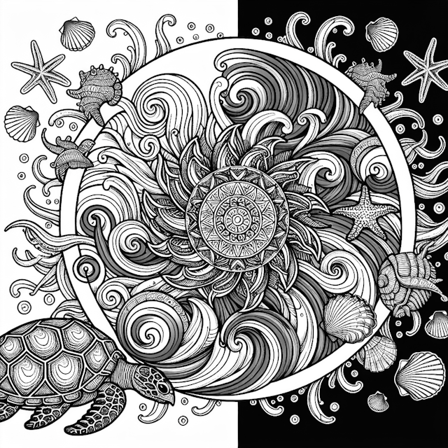 Ocean Mandala with Turtle and Seashells