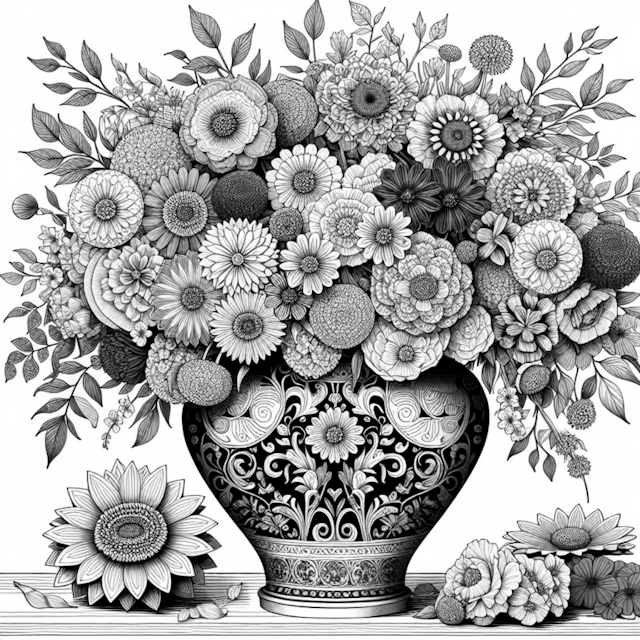 A coloring page of Ornate Floral Bouquet in an Intricate Vase