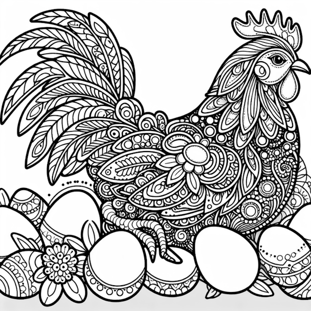 A coloring page of Ornate Rooster and Decorative Eggs Coloring Page