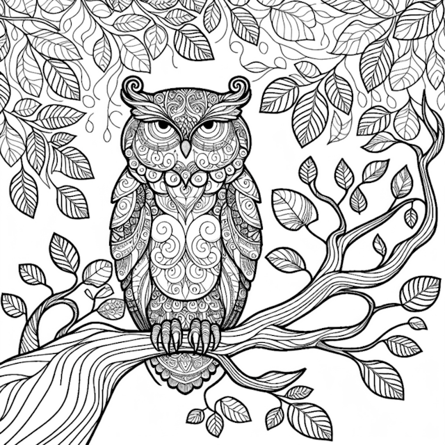 A coloring page of “Owl on a Branch: Intricate Coloring Page”