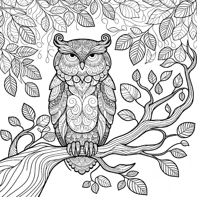 “Owl on a Branch: Intricate Coloring Page”