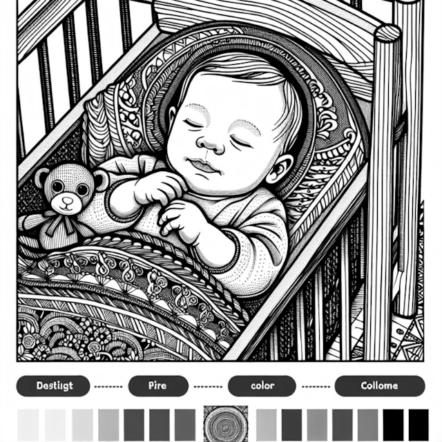 A coloring page of Peaceful Baby in Cradle with Teddy