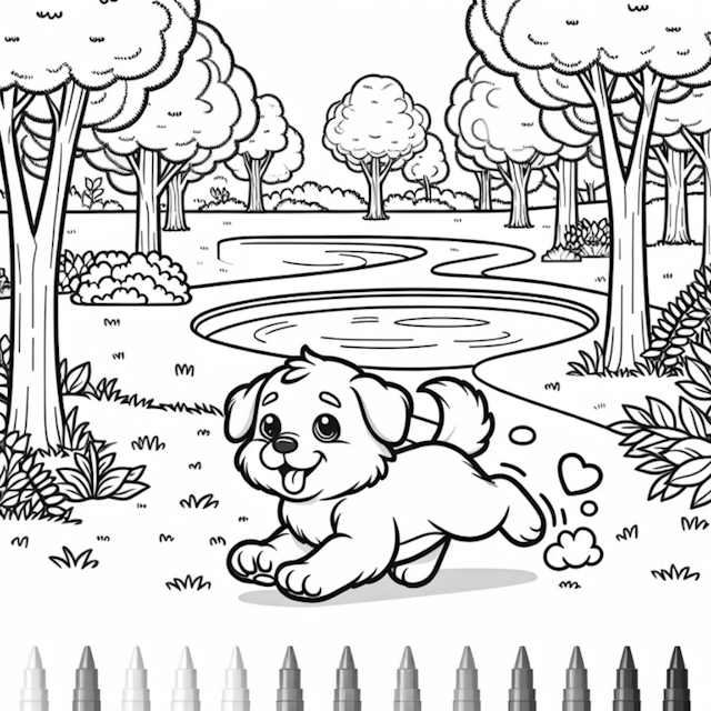 A coloring page of Playful Puppy Adventure by the Pond