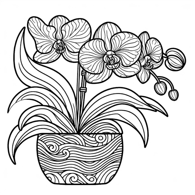 A coloring page of Potted Orchid Blossom Coloring Page