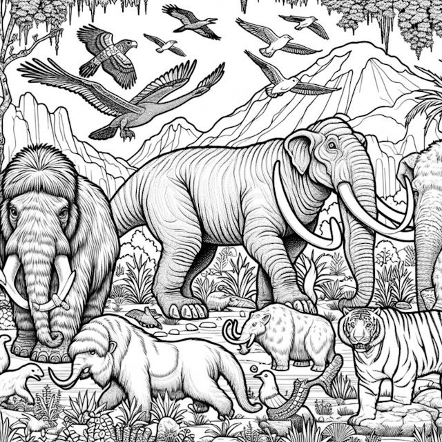 A coloring page of Prehistoric Wildlife Adventure