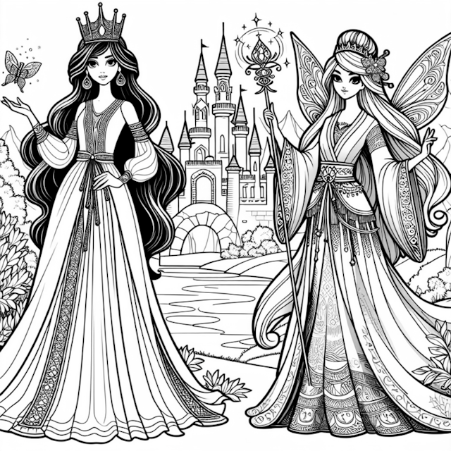 A coloring page of Princess and Fairy by the Enchanted Castle