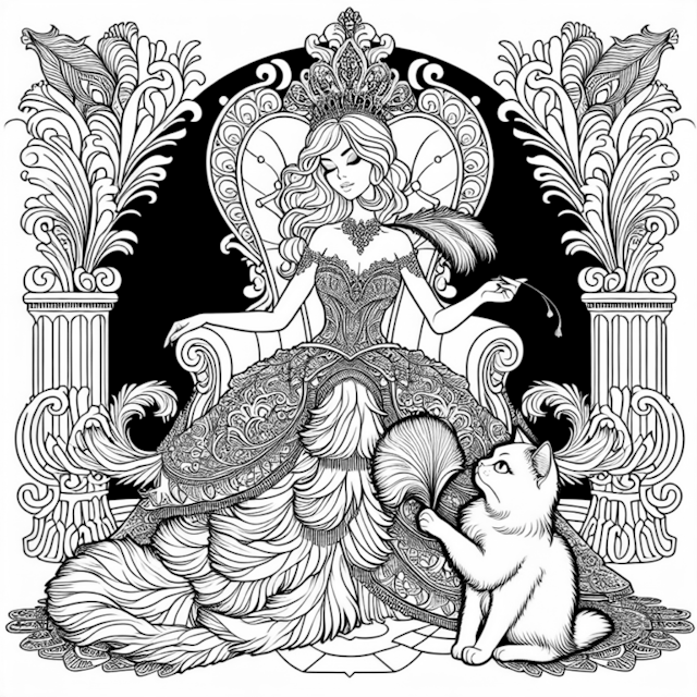 A coloring page of Princess and Her Loyal Cat