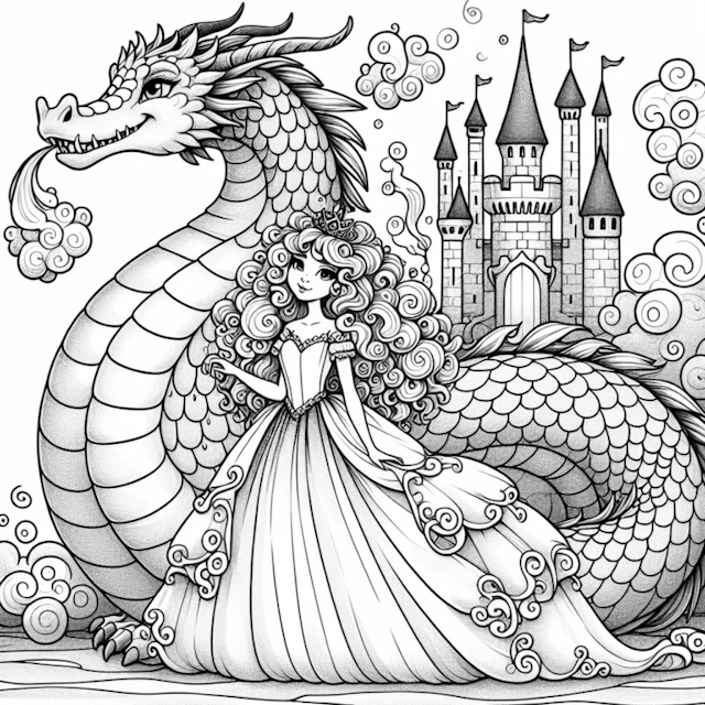 A coloring page of Princess and Her Loyal Dragon in Enchanted Castle