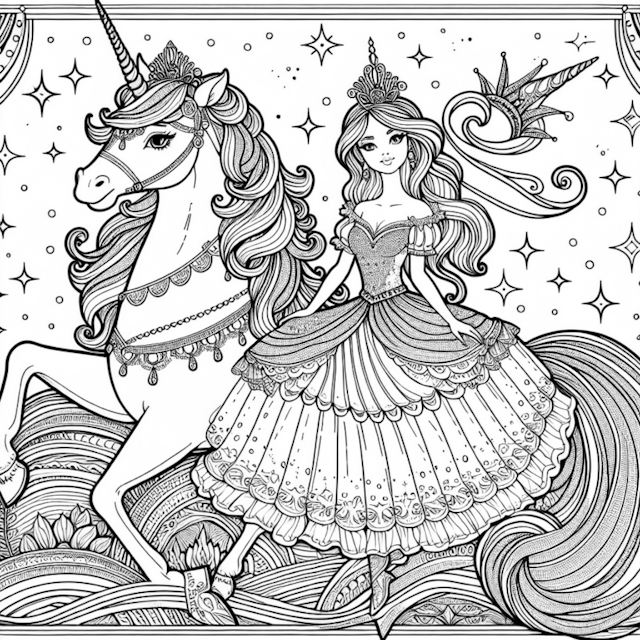 A coloring page of Princess and Her Magical Unicorn Adventure