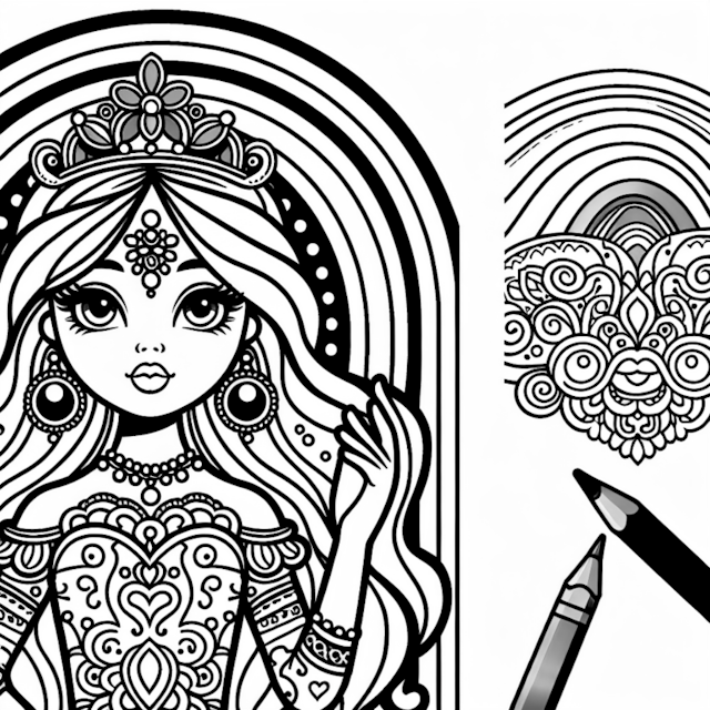 A coloring page of Princess Coloring Page with Rainbow and Mandala Design