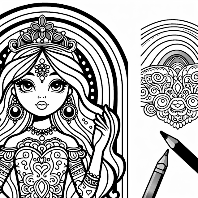Princess Coloring Page with Rainbow and Mandala Design