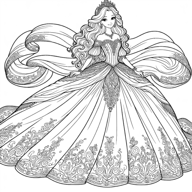 A coloring page of Princess in Elegant Gown Coloring Page