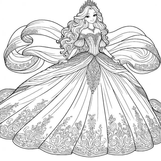Princess in Elegant Gown Coloring Page