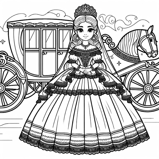 A coloring page of Princess in Front of Her Carriage