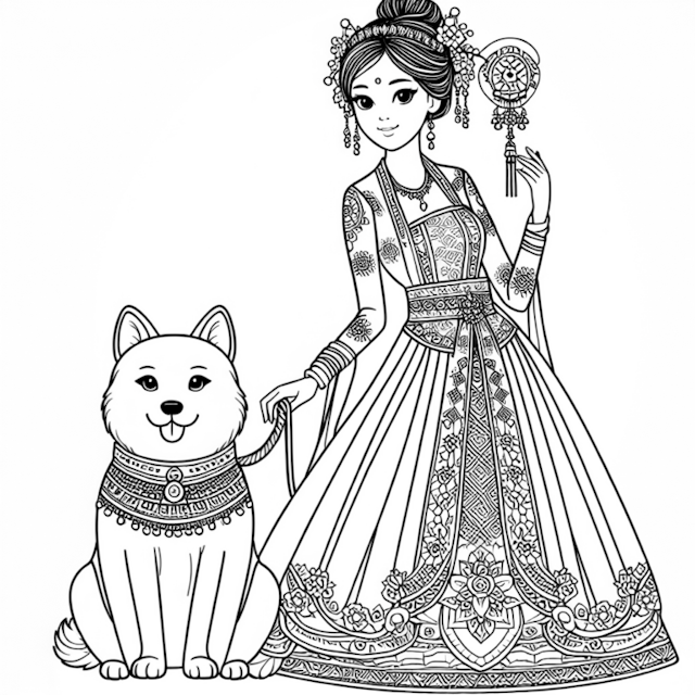 A coloring page of Princess Mei and Her Loyal Dog Coloring Page