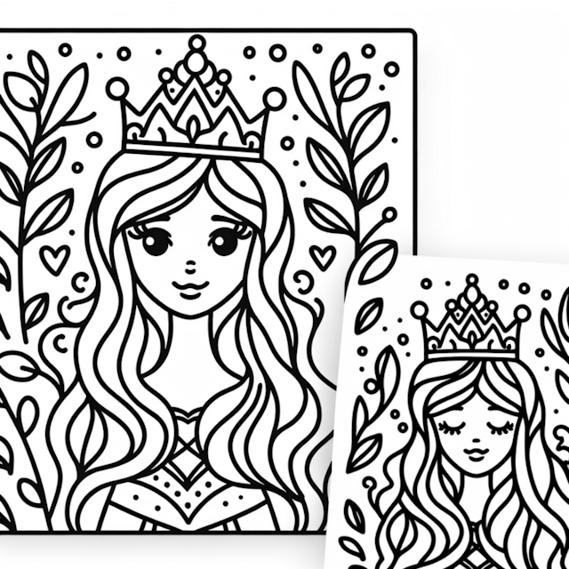 A coloring page of Princess with a Crown in a Garden