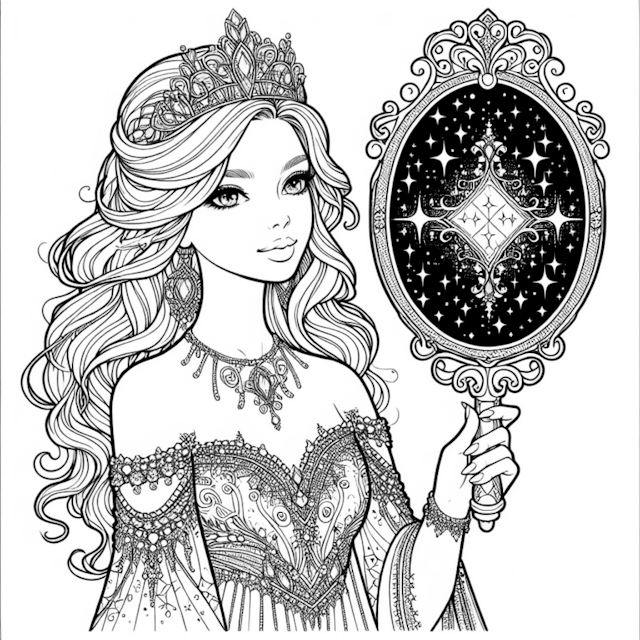 A coloring page of Princess With Magic Mirror Coloring Page
