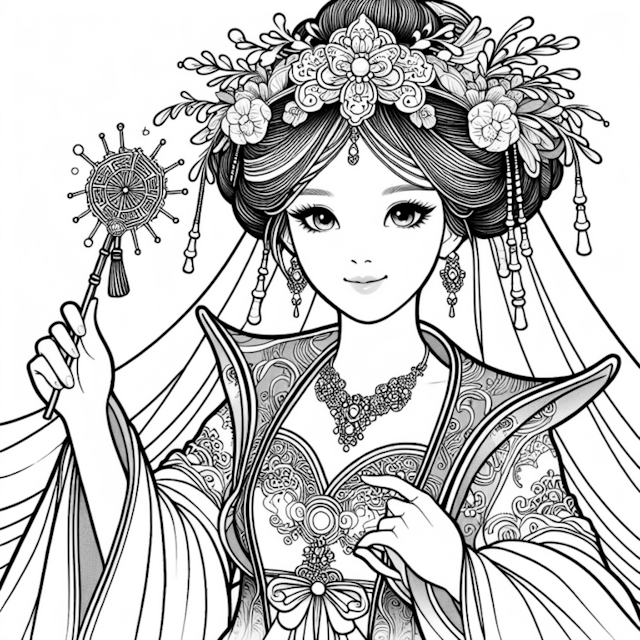 A coloring page of Princess with Ornate Fan: A Coloring Adventure