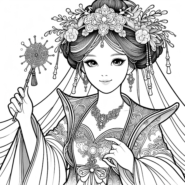 Princess with Ornate Fan: A Coloring Adventure