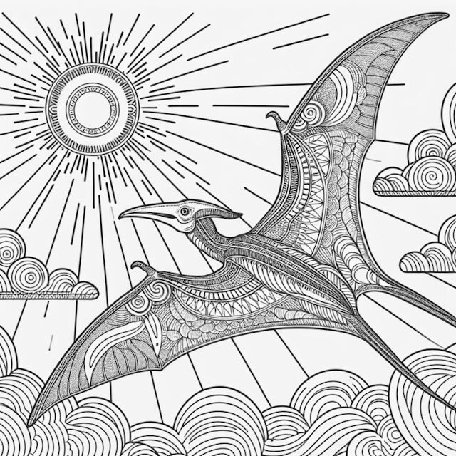 A coloring page of “Pterodactyl Soaring Through the Skies”