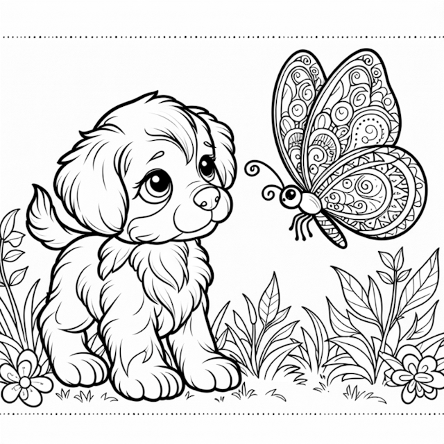 A coloring page of Puppy and Butterfly Adventure