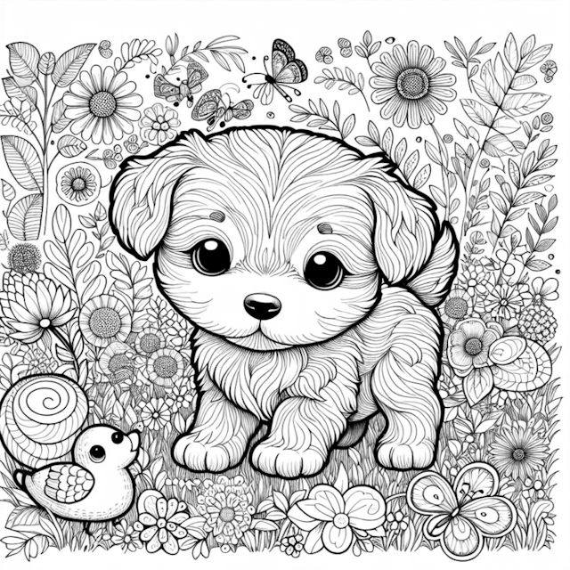 A coloring page of Puppy and Friends in a Garden Wonderland