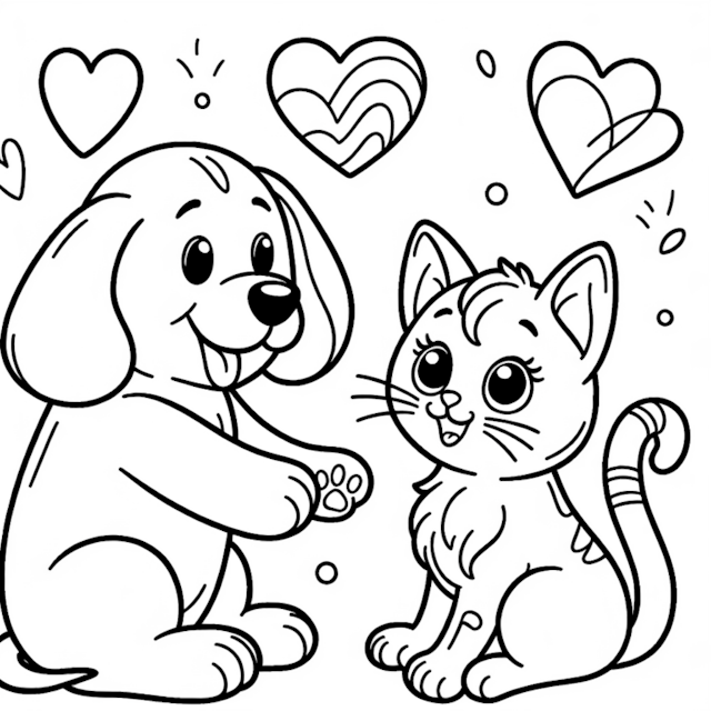 A coloring page of Puppy and Kitty Valentine’s Day Fun