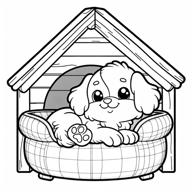 A coloring page of Puppy Cozy in His Doghouse