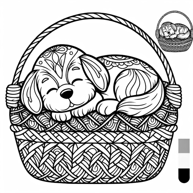A coloring page of Puppy Snoozing in a Basket