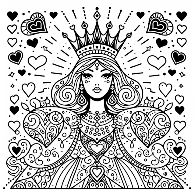A coloring page of Queen of Hearts Coloring Page