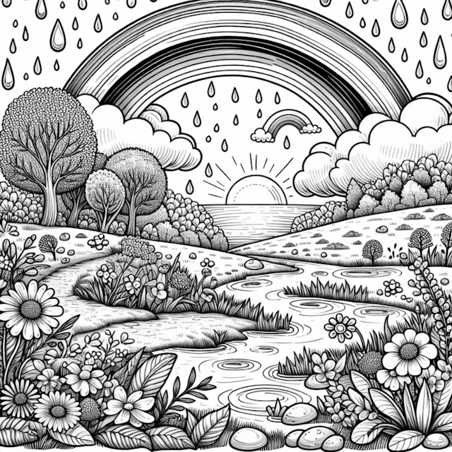 A coloring page of Rainbow Over the Peaceful Landscape