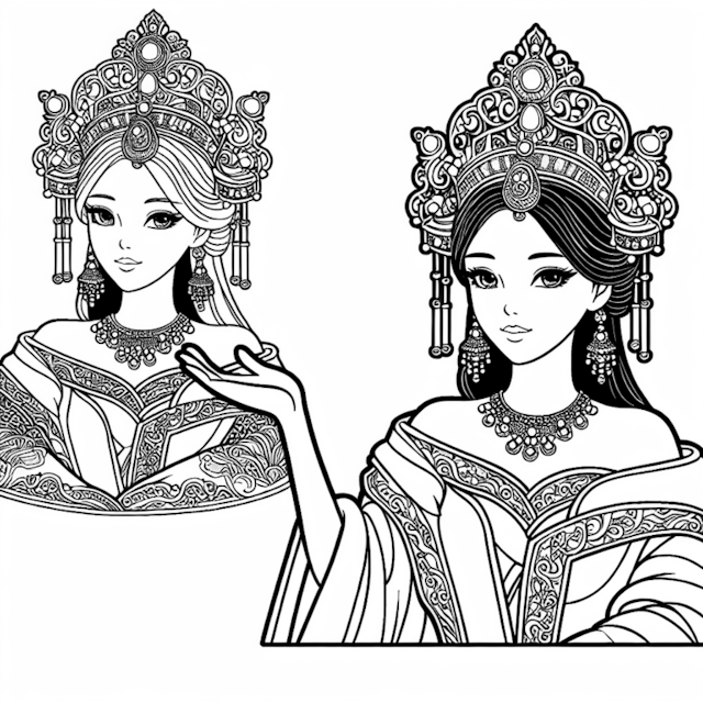 A coloring page of Regal Princesses in Ornate Crowns Coloring Page